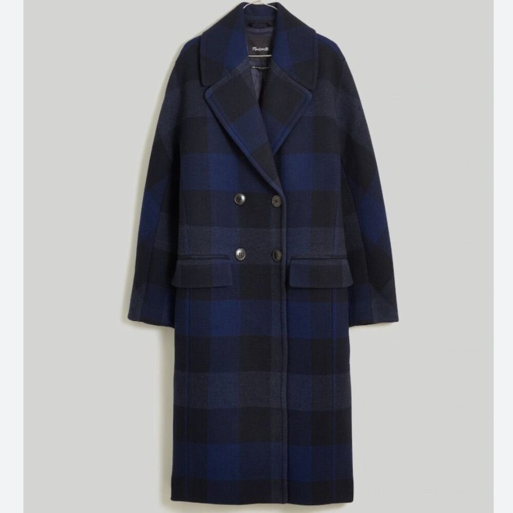 Madewell The Gianna Long Coat In Blue/Black Plaid Wool Cashmere Blend Sz 14